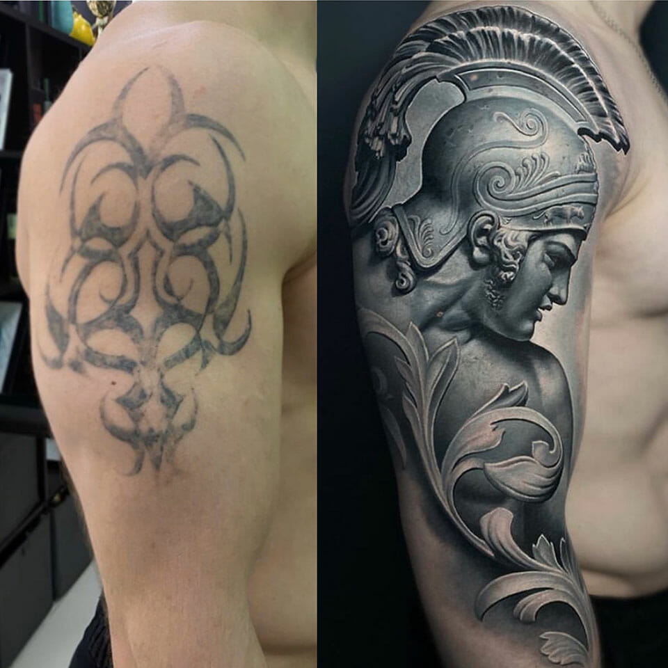 Cover Up Tattoo Statue von Krieger